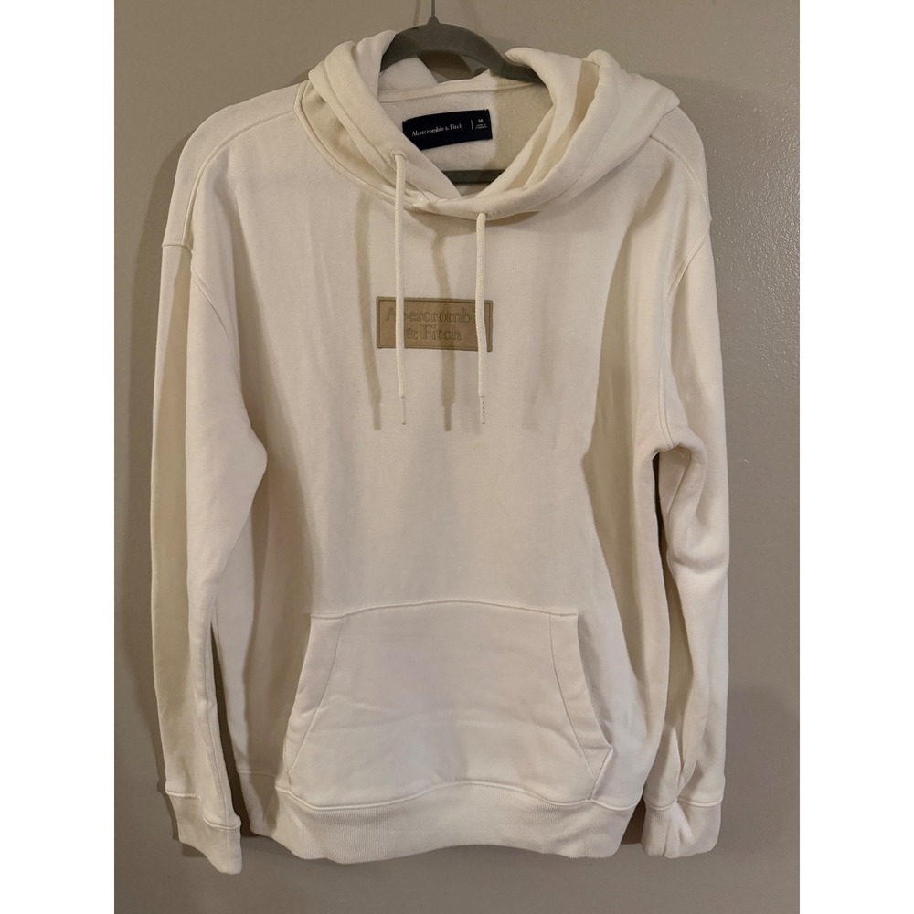 Abercrombie & Fitch Mens Cream Logo Patch‎ Fleece Pullover Hoodie Medium